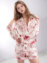 Load image into Gallery viewer, Valentine’s Day Lace Detail Heart Print Collared Neck Top and Shorts Lounge Set