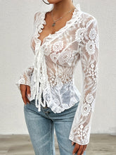 Load image into Gallery viewer, Lace Tied Ruffled V-Neck Long Sleeve Top