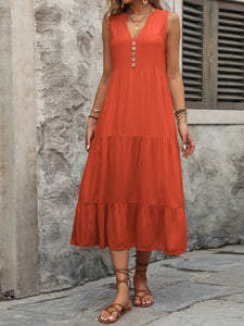 Decorative Button Notched Sleeveless Dress