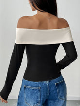 Load image into Gallery viewer, Perfee Bow Contrast Off-Shoulder Long Sleeve Top