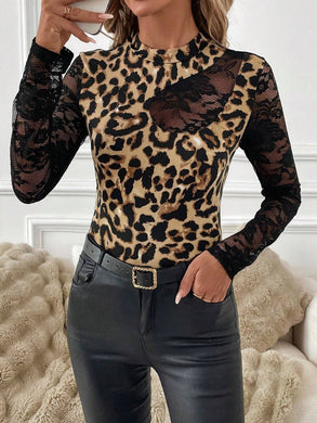 Lace Patchwork Mock Neck Long Sleeve Top