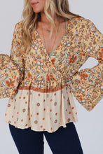 Load image into Gallery viewer, Peplum Printed Surplice Flare Sleeve Blouse