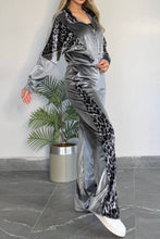 Load image into Gallery viewer, Full Size Collared Neck Leopard Zip Up Top and Pants Set Plus Size