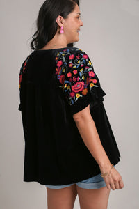 Umgee Full Size Velvet Embroidery Short Sleeve Blouse