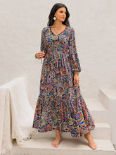 Load image into Gallery viewer, Printed Tie Neck Long Sleeve Midi Dress