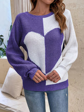 Load image into Gallery viewer, Contrast Heart Round Neck Long Sleeve Sweater