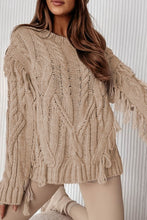 Load image into Gallery viewer, Cable Knit Fringe Round Neck Long Sleeve Sweater