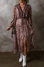 Load image into Gallery viewer, Frill Printed V-Neck Long Sleeve Midi Dress