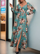 Load image into Gallery viewer, Slit Printed Surplice Long Sleeve Maxi Dress