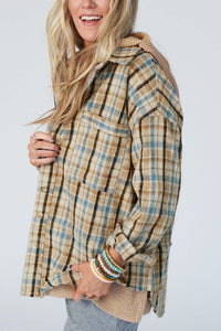 Drawstring Waffle Knit Patchwork Hooded Plaid Shacket