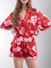 Load image into Gallery viewer, Valentine’s Day Lace Detail Heart Print Collared Neck Top and Shorts Lounge Set