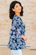 Load image into Gallery viewer, Dreamer Peplum Top in Navy and Pink Paisley