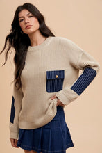 Load image into Gallery viewer, Annie Wear Contrast Round Neck Drop Shoulder Sweater with Patch Pocket