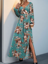 Load image into Gallery viewer, Slit Printed Surplice Long Sleeve Maxi Dress