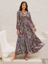 Load image into Gallery viewer, Printed Tie Neck Long Sleeve Midi Dress