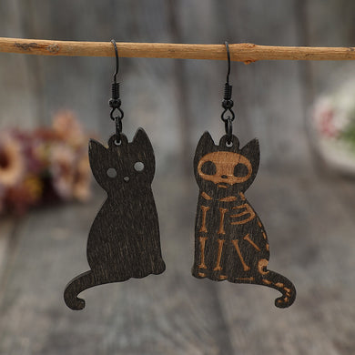 Alloy Hook Wooden Cat Skeleton Earrings