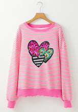 Load image into Gallery viewer, Striped Sequin Heart Round Neck Long Sleeve Sweatshirt