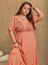 Load image into Gallery viewer, Plus Size Frill Embroidered V-Neck Half Sleeve Maxi Dress