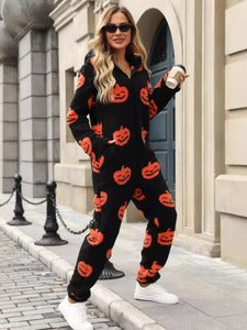 Fuzzy Pumpkin Half Zip Hooded Jumpsuit