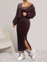 Load image into Gallery viewer, Open Front Long Sleeve Cardigan and Side Slit Cami Dress Set