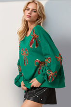 Load image into Gallery viewer, Double Take Christmas Bow Sequin Round Neck Dropped Shoulder Sweatshirt