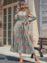 Load image into Gallery viewer, Perfee Tied Pleated Printed Mock Neck Long Sleeve Dress