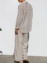 Load image into Gallery viewer, Striped Collared Neck Long Sleeve Top and Pants Set