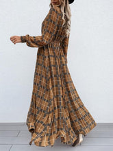 Load image into Gallery viewer, Slit Plaid Tie Neck Long Sleeve Maxi Dress