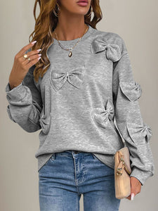 Perfee Bow Round Neck Long Sleeve Sweatshirt