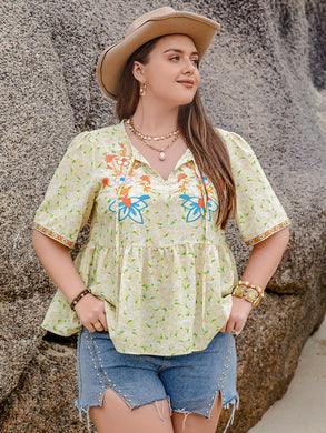 Plus Size Printed Tie Neck Half Sleeve Blouse