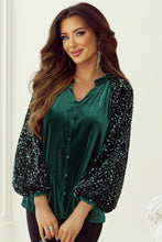 Load image into Gallery viewer, Sequin Notched Long Sleeve Blouse