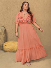 Load image into Gallery viewer, Plus Size Frill Embroidered V-Neck Half Sleeve Maxi Dress