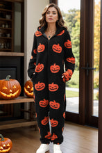 Load image into Gallery viewer, Fuzzy Pumpkin Half Zip Hooded Jumpsuit