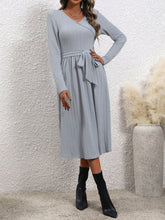 Load image into Gallery viewer, Surplice Tie Waist Long Sleeve Midi Dress