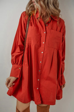 Pocketed Button Down Long Sleeve Shirt Dress