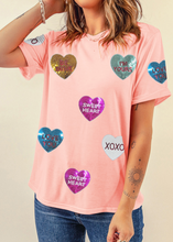 Load image into Gallery viewer, Valentine’s Day Sequin Heart Round Neck Short Sleeve T-Shirt