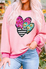 Load image into Gallery viewer, Striped Sequin Heart Round Neck Long Sleeve Sweatshirt