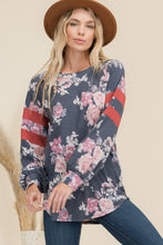 Load image into Gallery viewer, Celeste Full Size Floral Curved Hem T-Shirt with Stripe Detail