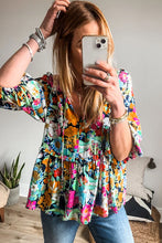 Load image into Gallery viewer, Floral Tie Neck Balloon Sleeve Blouse