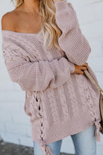 Load image into Gallery viewer, Cable Knit Lace Up V-Neck Sweater