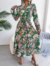 Load image into Gallery viewer, Tied Printed Long Sleeve Midi Dress