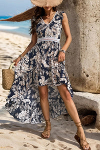 Leilani High-Low Printed V-Neck Cap Sleeve Midi Dress