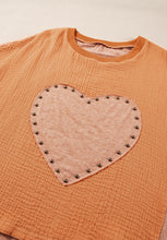 Load image into Gallery viewer, Stud Heart Patch Round Neck Short Sleeve T-Shirt