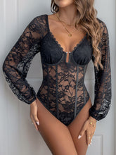 Load image into Gallery viewer, Perfee Lace V-Neck Long Sleeve Bodysuit