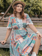 Load image into Gallery viewer, Plus Size Lace Detail Printed Half Sleeve Midi Dress