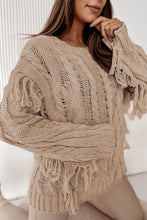 Load image into Gallery viewer, Cable Knit Fringe Round Neck Long Sleeve Sweater