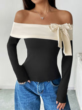 Load image into Gallery viewer, Perfee Bow Contrast Off-Shoulder Long Sleeve Top