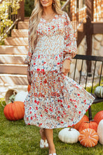 Load image into Gallery viewer, Full Size Printed V-Neck Lantern Sleeve Midi Dress