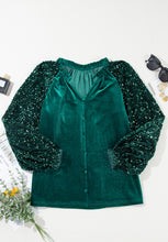 Load image into Gallery viewer, Sequin Notched Long Sleeve Blouse