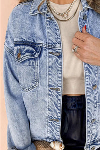 Pocketed Button Up Dropped Shoulder Denim Jacket